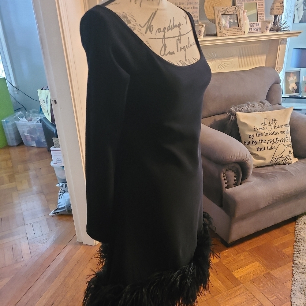 A.B.S Stunning Dressy Little Black Dress w Ostrich Feathers on Bottom hp 13x🔥🔥 - Picture 6 of 16